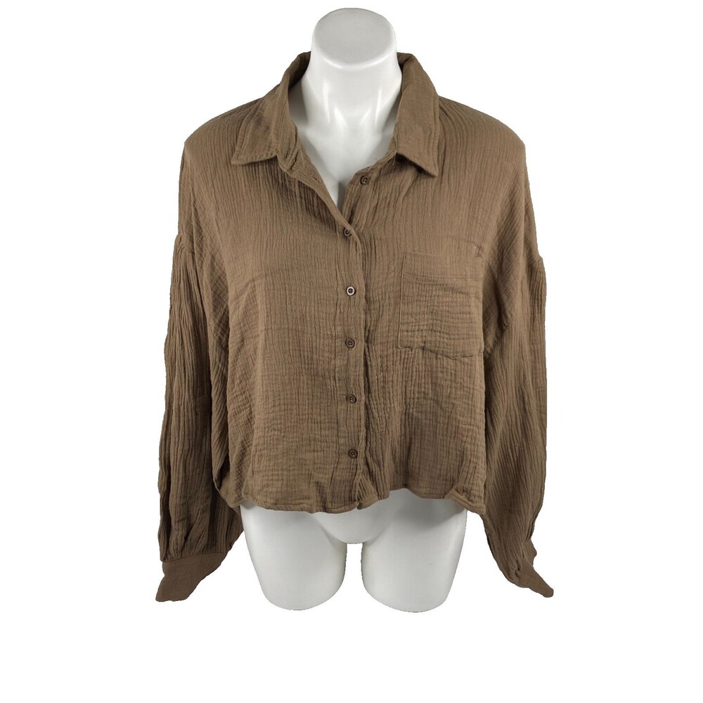 HYFVE Women Large Button Front Cropped Shirt Brown Ripple Casual NWT